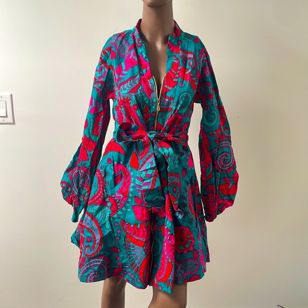 Ace Kouture Amauche Dress Jacket Floral Zipper Belt Cotton Pink Blue Small